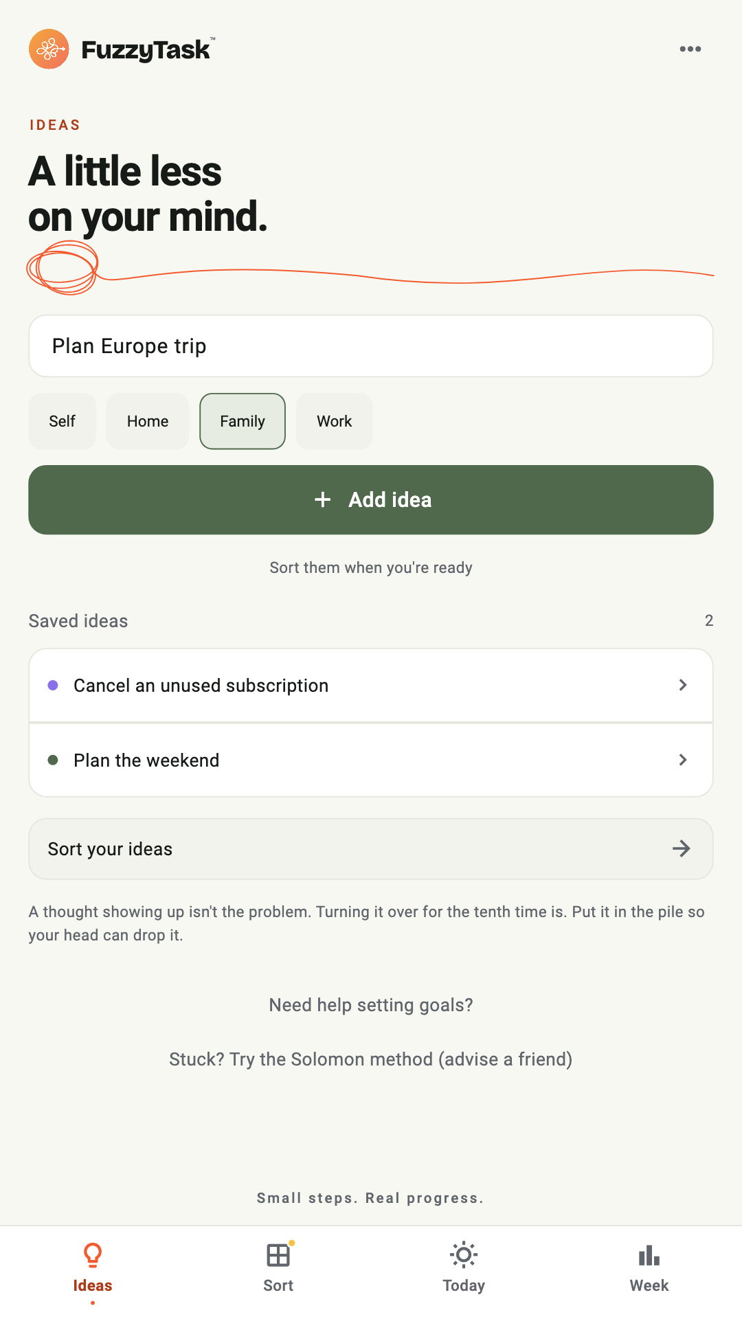 FuzzyTask Ideas screen with example tasks.