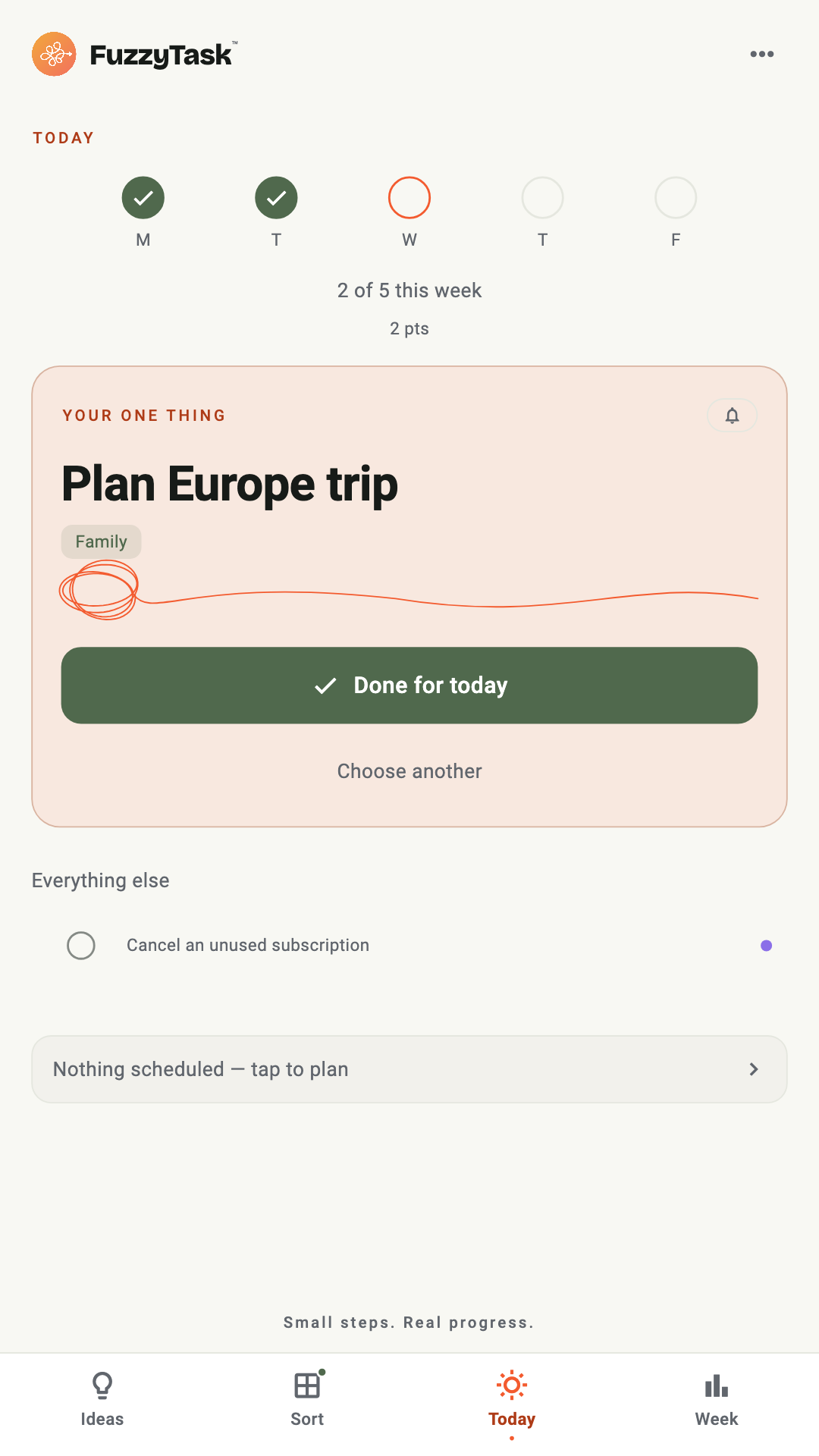 FuzzyTask Today screen showing the personal task: Plan Europe trip.